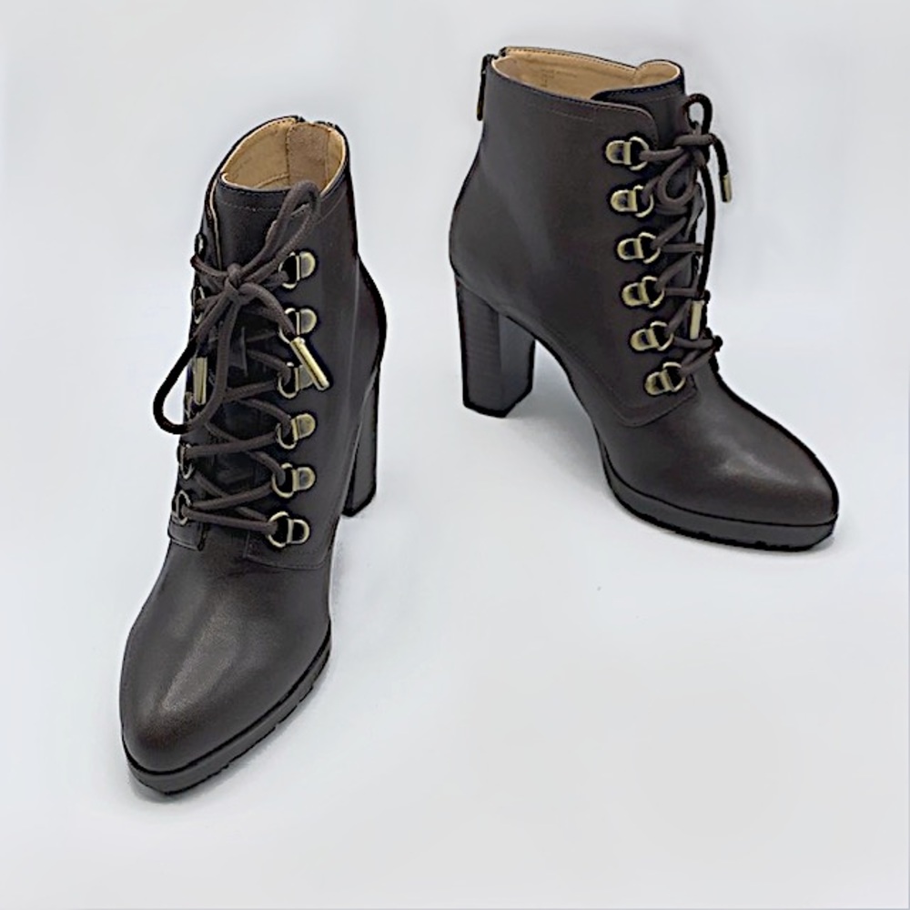 leather combat bootie on stacked lug heel. New